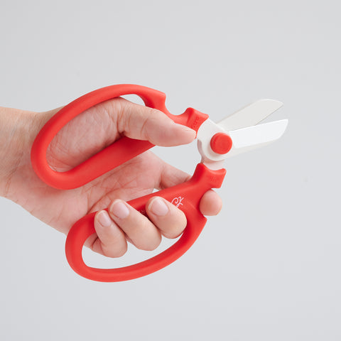SAKAGEN left-handed flower scissors with fluorine-coated blades and safety cover, made in Japan.