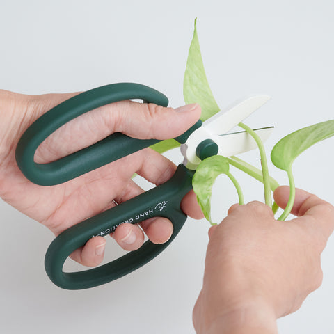 SAKAGEN left-handed flower scissors with fluorine-coated blades and safety cover, made in Japan.