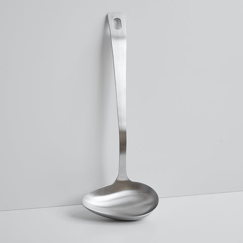Left-handed side-pour soup ladle made of 18-8 stainless steel, 75ml capacity, crafted in Japan.