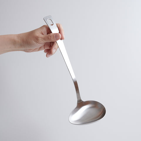 Left-handed side-pour soup ladle made of 18-8 stainless steel, 75ml capacity, crafted in Japan.