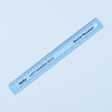 Helix left-handed ruler in light blue, 30cm/12in dual scale, shatter-resistant design.