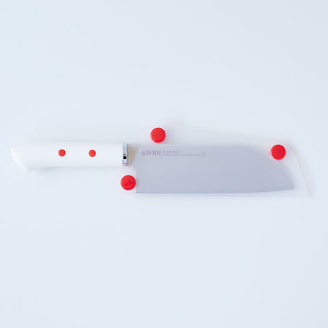 SUNCRAFT kids’ left-handed Santoku knife. Safe, 130mm stainless steel blade, ergonomic handle, protective cover included.