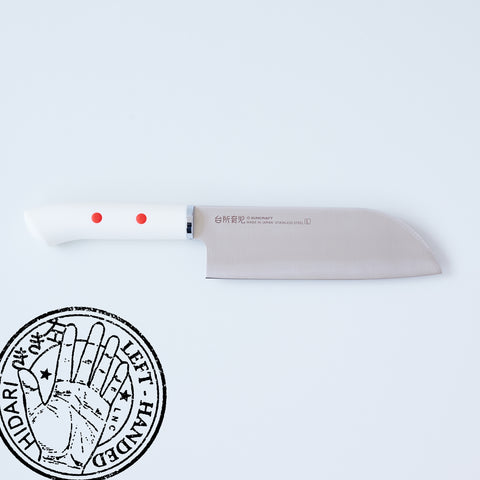 SUNCRAFT kids’ left-handed Santoku knife. Safe, 130mm stainless steel blade, ergonomic handle, protective cover included.