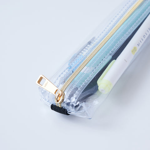 Book strap pencil case with adjustable band, clear PVC, holds 3–4 pens, Japan-made notebook accessory.