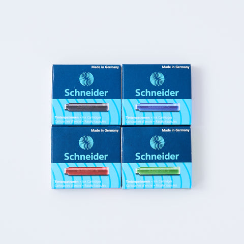 Schneider ink cartridges 6-pack, available in black, royal blue, green, and red, fast-drying, European standard.