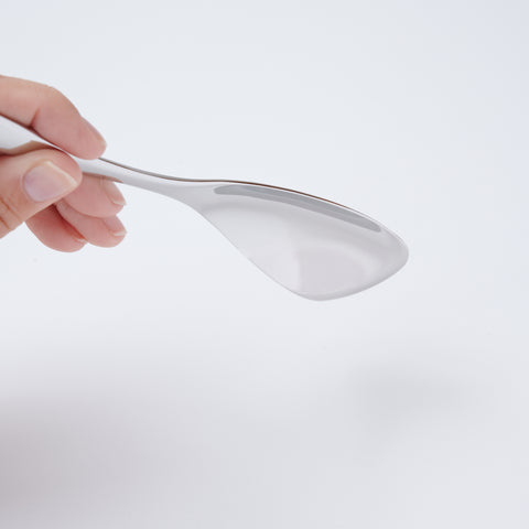 Left-handed stainless steel spoon designed for curry and rice, polished finish.