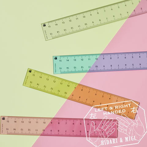 15cm double-sided ruler by HIDARI, designed for left- and right-handed users. Features edge-start scales and eco-friendly recycled PET.