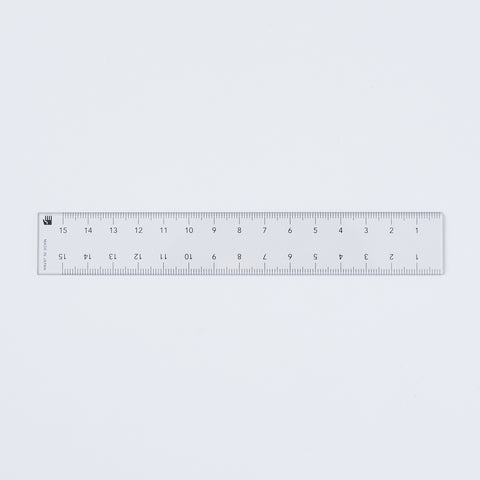 15cm double-sided ruler by HIDARI, designed for left- and right-handed users. Features edge-start scales and eco-friendly recycled PET.