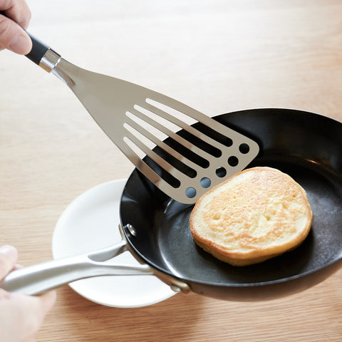 SUNCRAFT left-handed stainless steel butter beater with diagonal tip, ergonomic design, made in Japan.