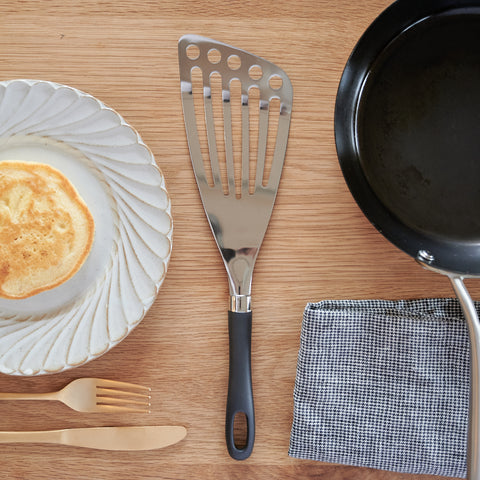 SUNCRAFT left-handed stainless steel butter beater with diagonal tip, ergonomic design, made in Japan.
