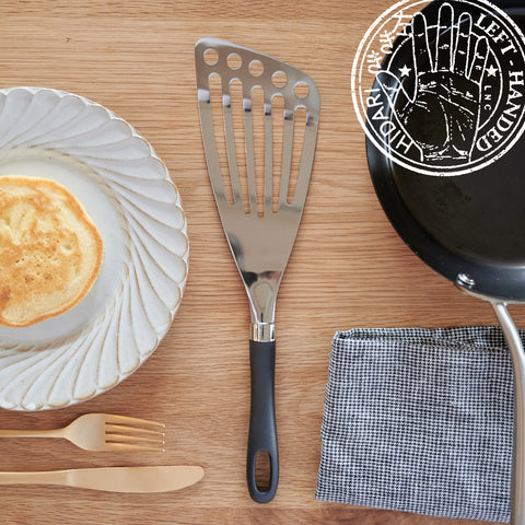 SUNCRAFT left-handed stainless steel butter beater with diagonal tip, ergonomic design, made in Japan.