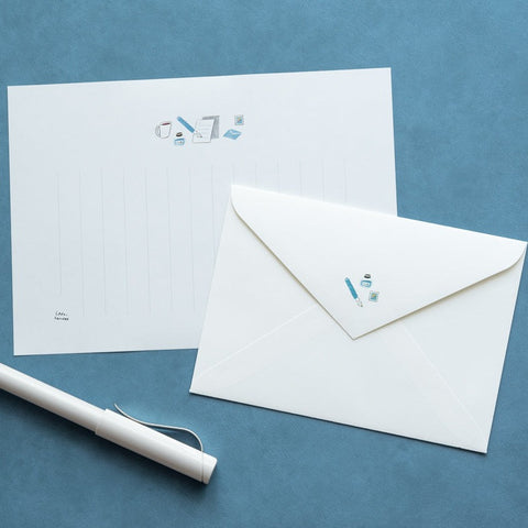 Vertical letter writing set with modern blue stationery illustrations, includes 3 envelopes and 10 sheets of paper.