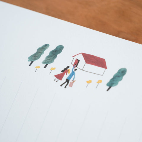 Vertical letter writing set with forest home illustration, includes 3 envelopes and 10 sheets of paper.