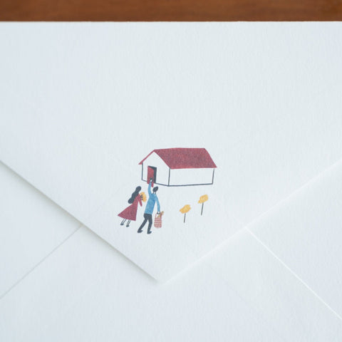 Vertical letter writing set with forest home illustration, includes 3 envelopes and 10 sheets of paper.