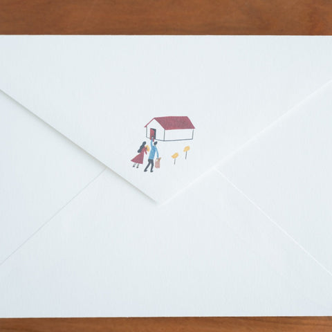 Vertical letter writing set with forest home illustration, includes 3 envelopes and 10 sheets of paper.