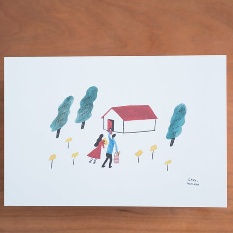 Vertical letter writing set with forest home illustration, includes 3 envelopes and 10 sheets of paper.