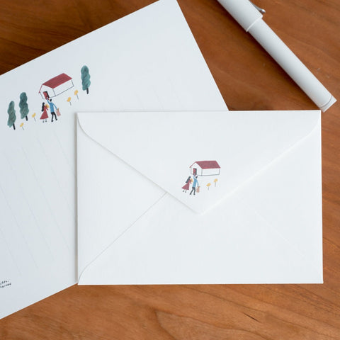 Vertical letter writing set with forest home illustration, includes 3 envelopes and 10 sheets of paper.