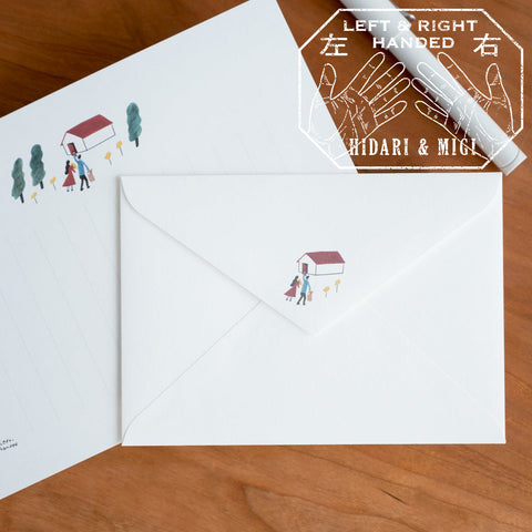 Vertical letter writing set with forest home illustration, includes 3 envelopes and 10 sheets of paper.