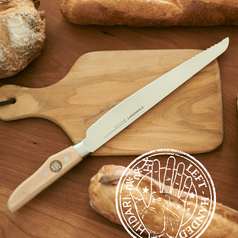 SUNCRAFT SESERAGI bread knife for left-handers. Pro-grade MV steel, 3-serration blade, ergonomic wood handle.