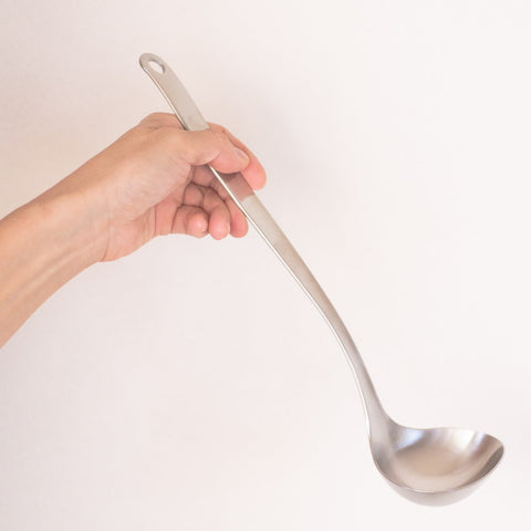 Sori Yanagi medium stainless steel soup ladle with ginkgo-shaped bowl, ambidextrous design, made in Japan.