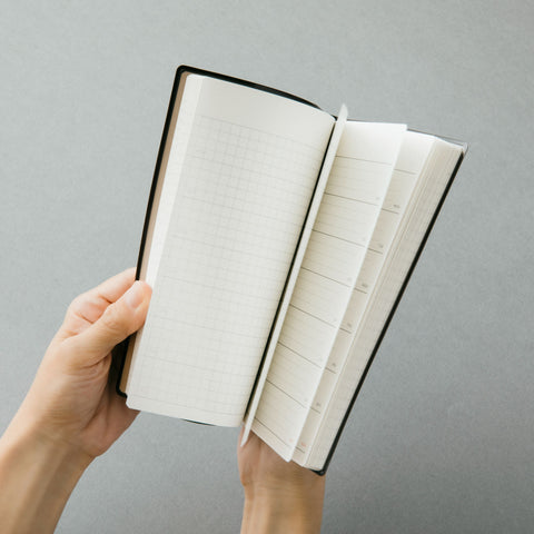 HIDARI Left-Handed Planner UNDATED with reversed layout, right-side dates, and smooth paper. Designed to solve left-handed writing struggles.