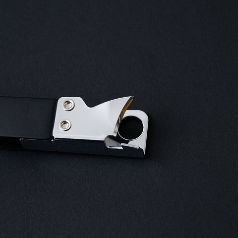 Versatile left-handed can opener with matte black finish, 3-in-1 functionality for cans, bottles, and hole punching, ergonomic design for left-handed users, made in Japan by HIDARI.