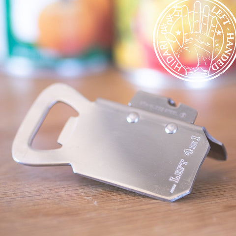 Can and bottle opener, left-handed