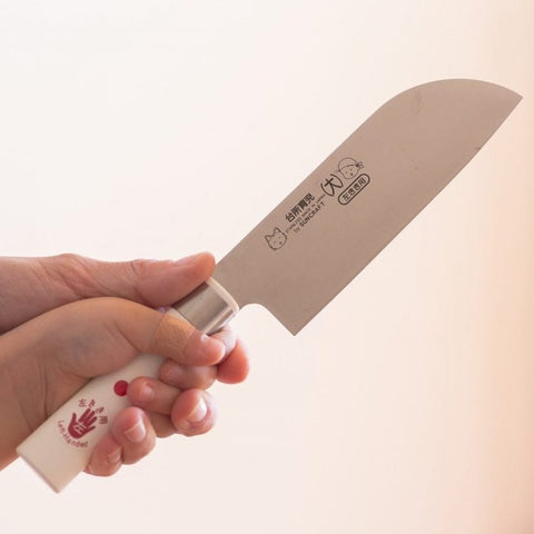 SUNCRAFT kitchen tool gift set for left-handed kids – knife, scissors, and peeler with safe ergonomic design, made in Seki, Japan.
