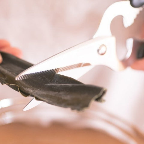 SUNCRAFT left-handed kitchen scissors with serrated blades and multifunction features, ergonomic handle, made in Japan.