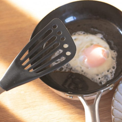 SUNCRAFT left-handed nylon butter beater with diagonal tip, dishwasher safe, made in Japan.