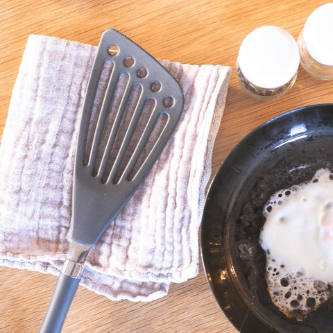 SUNCRAFT left-handed nylon butter beater with diagonal tip, dishwasher safe, made in Japan.