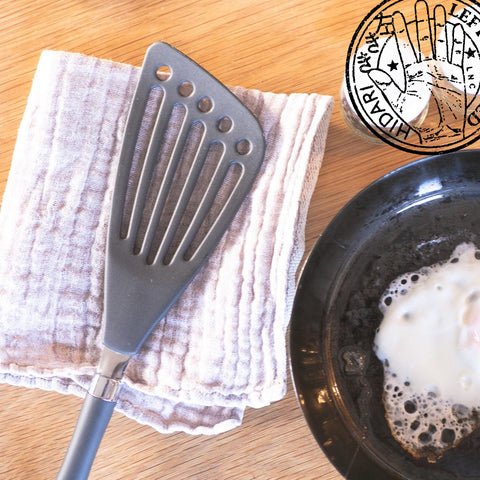 SUNCRAFT left-handed nylon butter beater with diagonal tip, dishwasher safe, made in Japan.