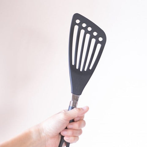 SUNCRAFT left-handed nylon butter beater with diagonal tip, dishwasher safe, made in Japan.