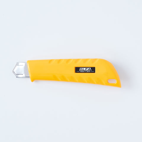 Left-handed OLFA utility knife with ergonomic design, reversed lever for smooth blade operation, includes two replacement blades, suitable for packaging, crafting, and DIY, made in Japan.