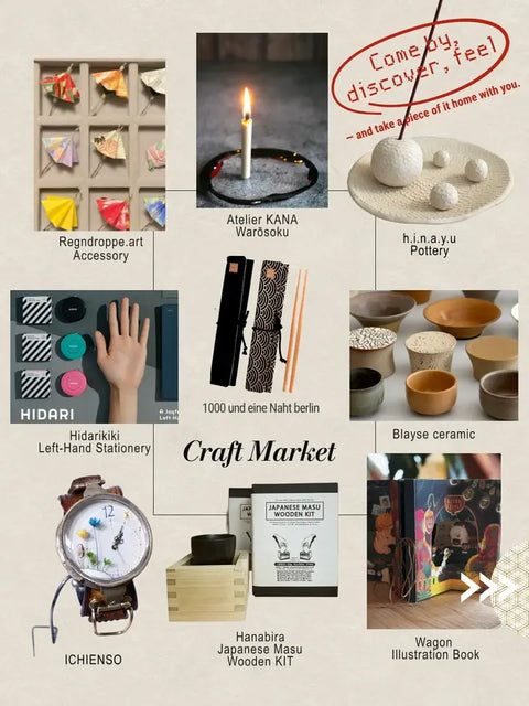 Craftkai craft market poster featuring HIDARI left-handed stationery alongside pottery, candles, accessories, books and wooden craft kits