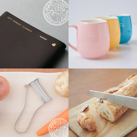  four different left-handed gifts and tools including an undated planner, kitchen shears, vegetable peeler, and a bread knife