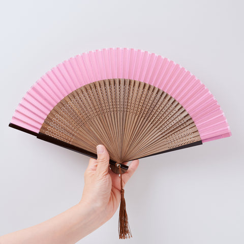 folding fan (with dark brown ribs), left-handed