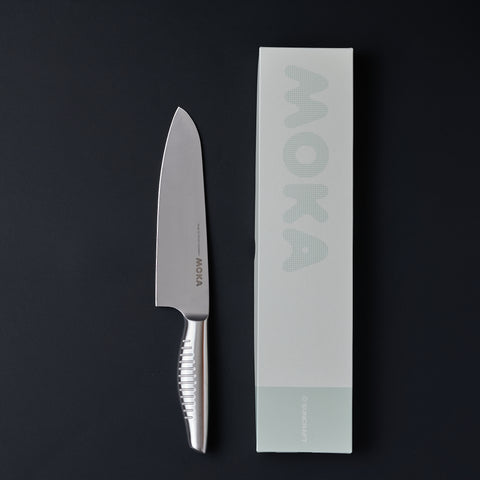 SUNCRAFT MOKA left-handed Santoku knife with stainless steel blade, full-size model.