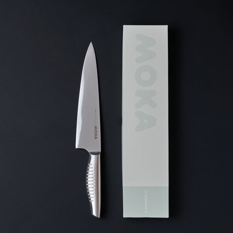 SUNCRAFT MOKA left-handed chef knife with long stainless steel blade.