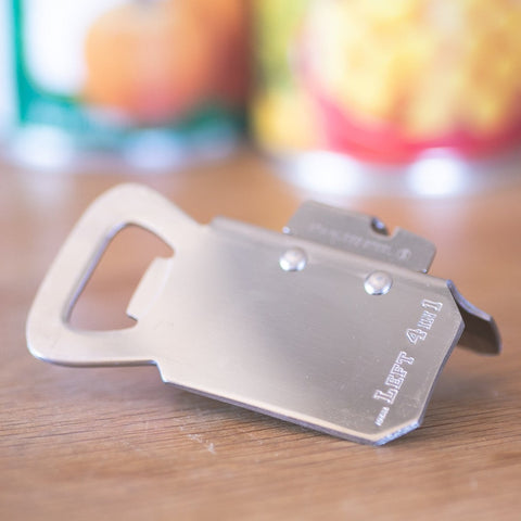 Can and bottle opener, left-handed